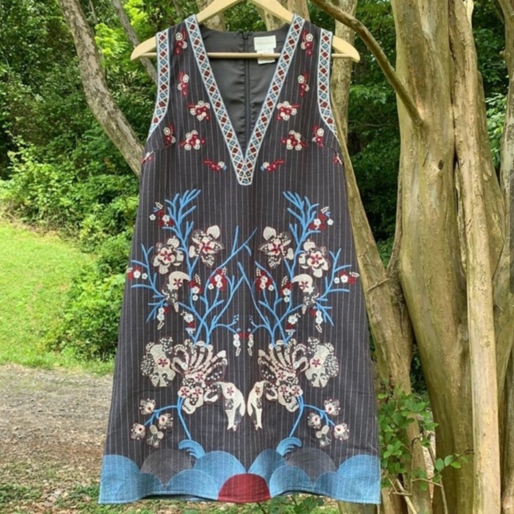 Anthropologie Foxiedox pinstriped embroidery dress